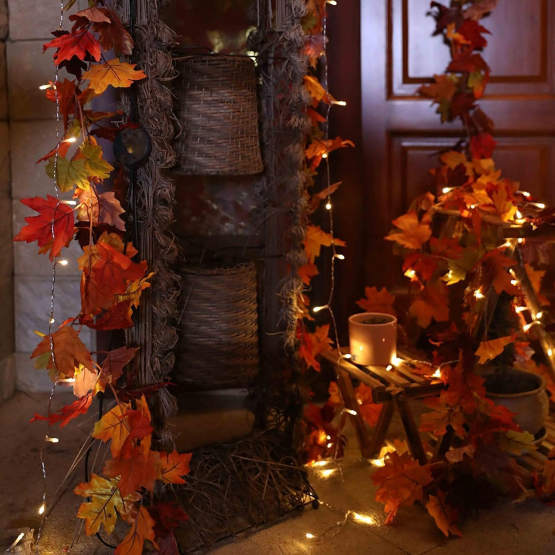 2 Pack Autumn Garland with LED Lights – 5.8FT Fall Maple Leaf Decor for Thanksgiving Halloween Garland Autumn Decor for Fireplace Door Table Indoor Outdoor
