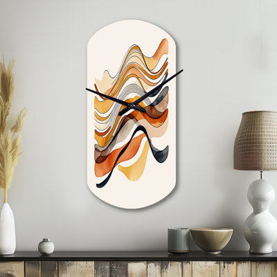 «Burnt Orange Waves Abstract I - Minimalisme», horloges asymétriques en métal, horloge murale cylindrique