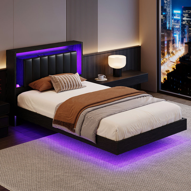 Lit plateforme avec tête de lit porte de grange, prise de courant intégrée et espace de rangement caché, Twin, Noir