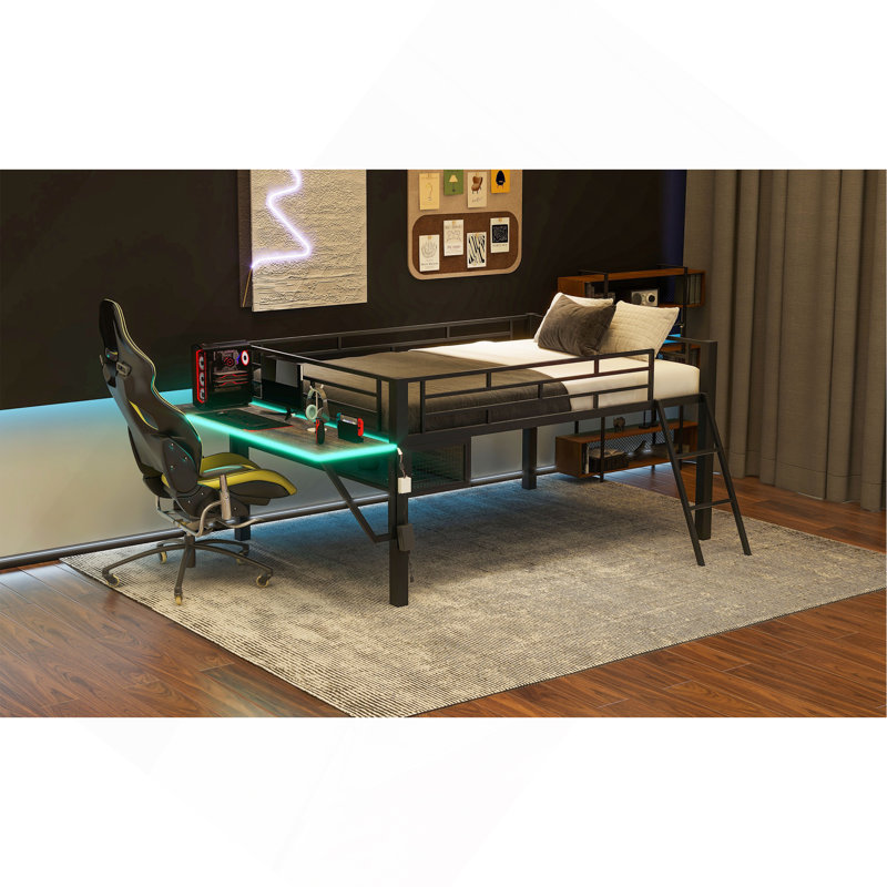 Lit mezzanine avec bureau Gaming, DEL, double, noir