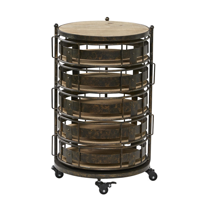Chariot de rangement circulaire en métal brun à 6 tablettes avec tablettes réglables