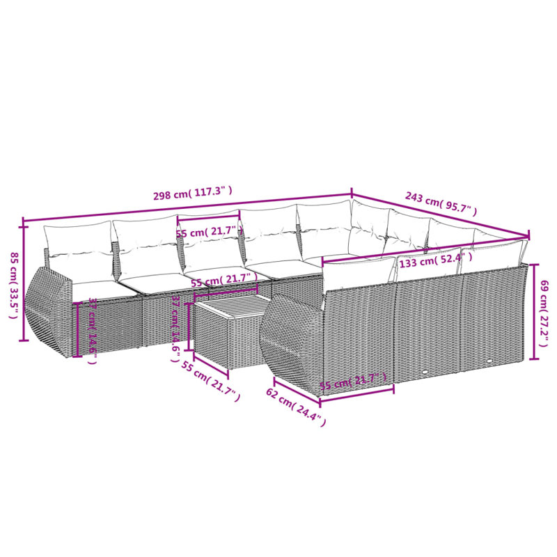  Ensemble de canapé de patio 11 pièces avec coussins en rotin de polyester gris