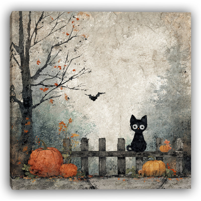 «Black Cat and Pumpkins Fence Scene», art mural sur toile tendue