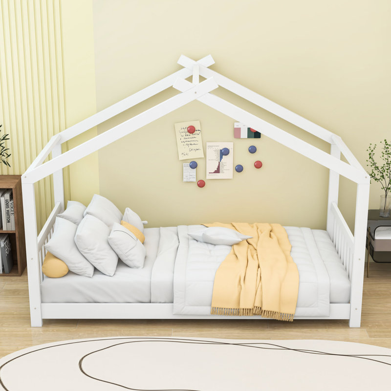 Twin Wood Platform Bed With House-Shaped Roof Design, White