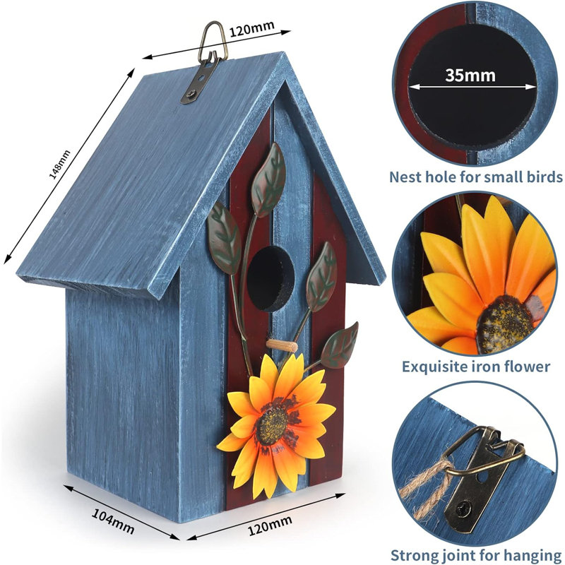 Cabane à oiseaux, nichoirs pour oiseaux, nichoir à fleurs en bois rustique pour oiseaux à l'extérieur, maison de mariage suspendue pour décoration de jardin, bleu
