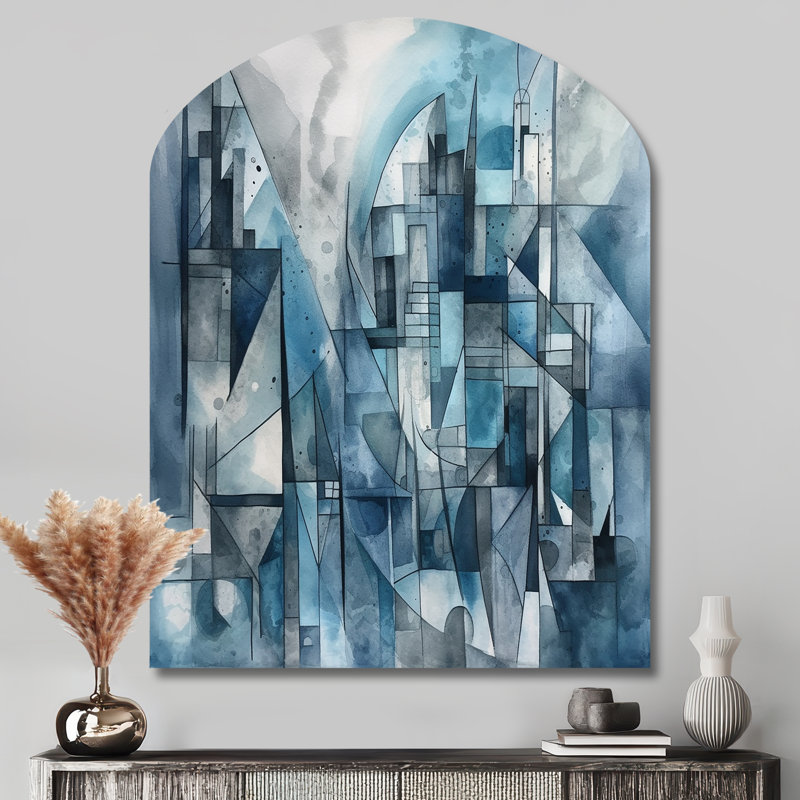 Blue Abstracted Harmonies Of Shape III - Geometric Arch Metal Wall Art, Blue Asymmetrical Metal Art Print