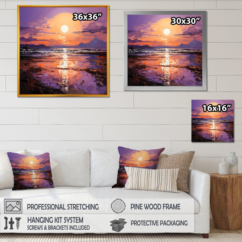 Jaune et mauve, océan, coucher de soleil, étreinte II, Cadre simple argenté, H 36 po x l 36 po x P 1,5 po