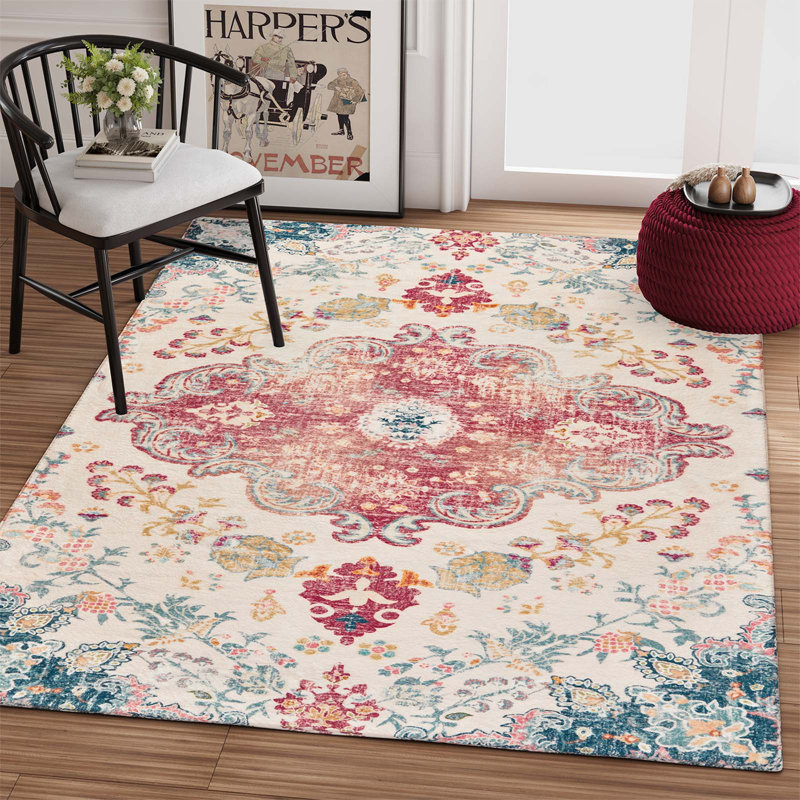 Tapis rectangulaire en laine avec envers antidérapant Juanelle, Rectangle 3 pi x 5 pi, Rubis et turquoise