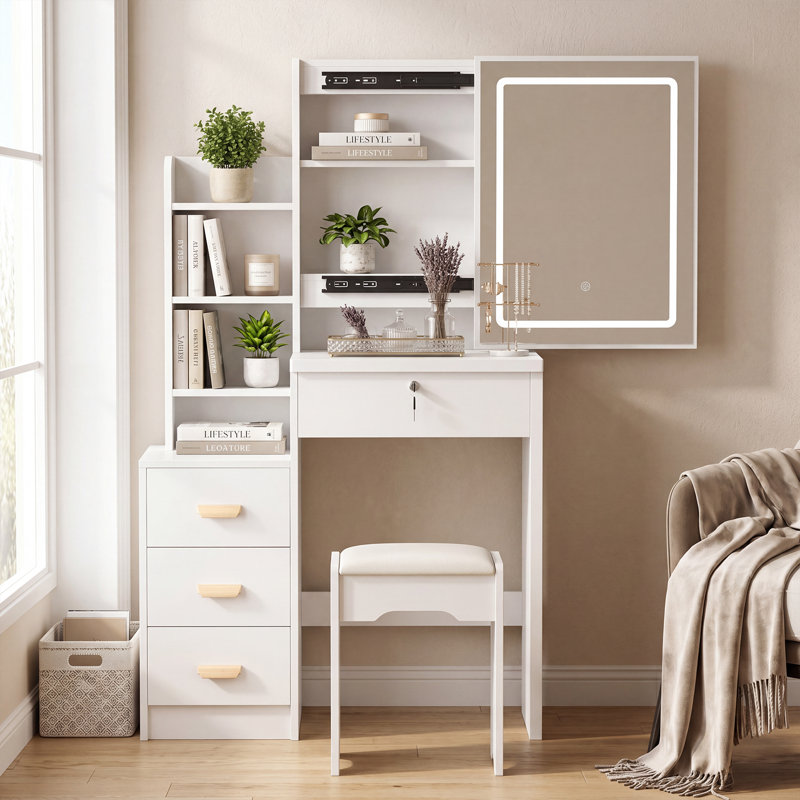 Ensemble de coiffeuse avec miroir coulissant et tabouret lumineux à maquillage, 5 tablettes ouvertes, 3 modes de couleurs