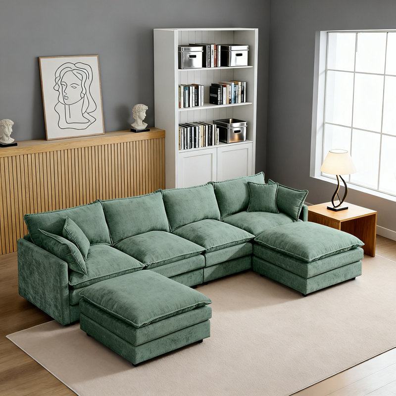 Canapé modulaire en forme de U 130,7 po, canapé 4 places en chenille confortable avec 2 repose-pieds mobiles, Vert menthe