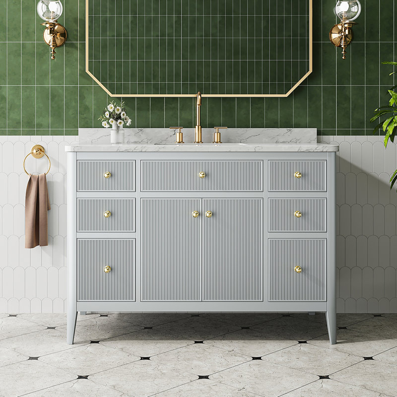 48'' Freestanding Single Sink Bathroom Vanity With Fluted Front, Soft-Close Drawers, Solid Wood Construction & Engineered Marble Top – Fully Assembled
