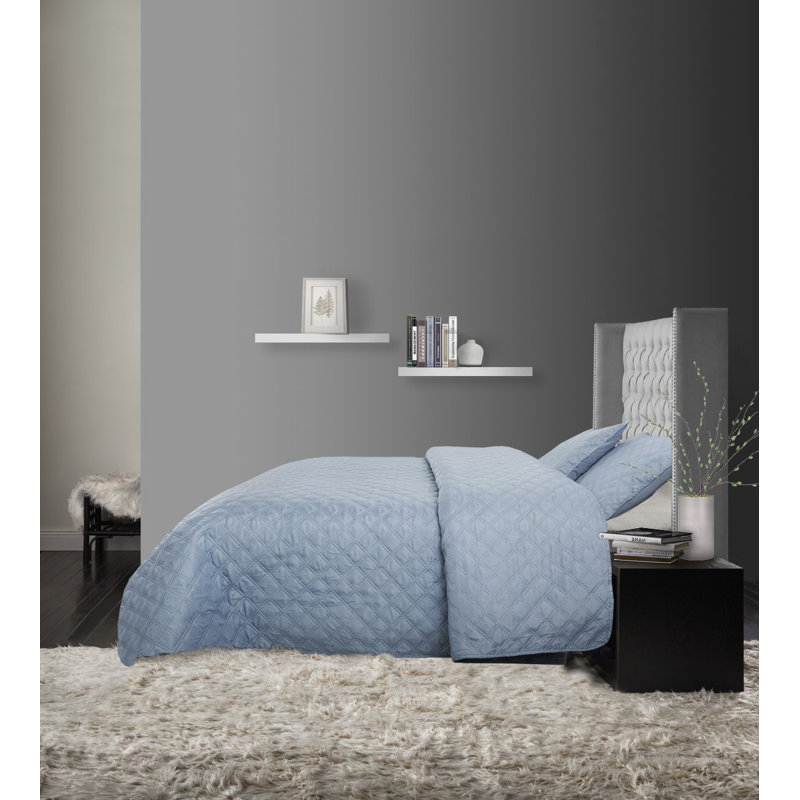 Ensemble de courtepointe réversible à motif de losanges Iosten, Courtepointe double / grand et 2 taies décoratives, Bleu