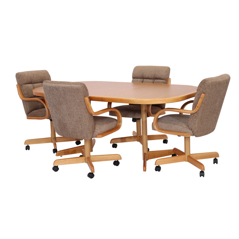 Ensemble de salle à manger extensible à roulettes double piédestal 5 pièces Aithley, Tweed caramel