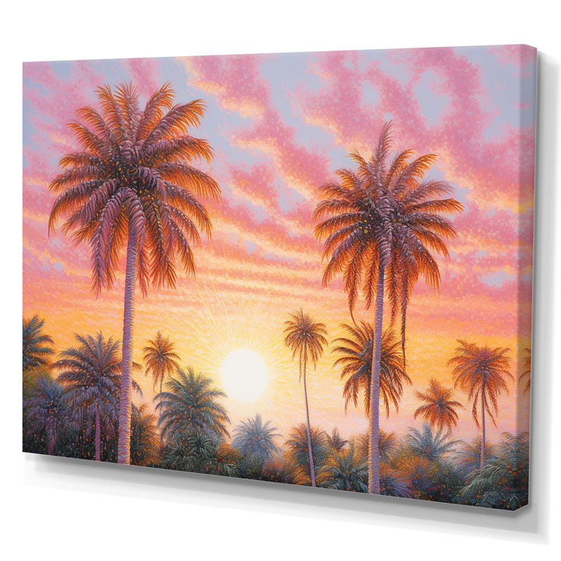 Rose radiance coucher de soleil palmiers V, Toile tendue, H 34 po x l 44 po x P 1,5 po