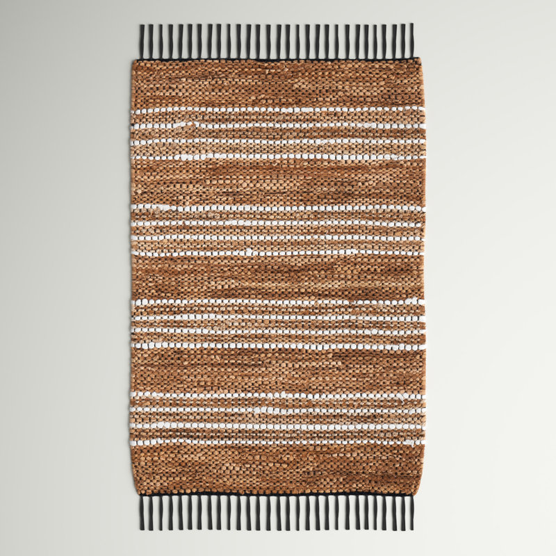 Preston Striped Hand-Woven Cotton/Leather/Jute Brown/Beige Area Rug, Rectangle 6' x 9'