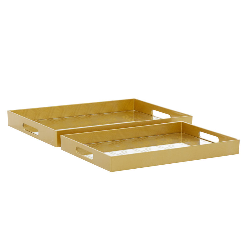 Plastic Mirrored Geometric Decor Gold Tray Set, 1.7"H x 11.8"W x 15.7"D / 1.6"H x 10"W x 13.9"D