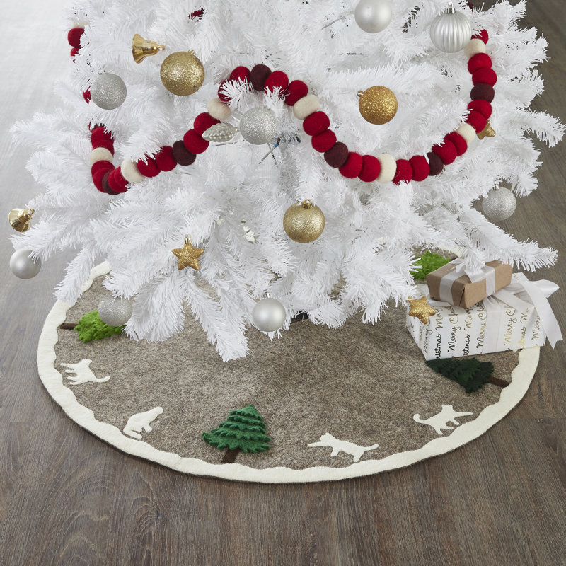 Handmade Felted Grey Christmas Tree Skirt - 36", Cream Cats & Green Trees T1CAT36
