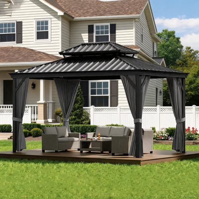 Gazebo rigide 3 x 3 m – Pavillon extérieur en aluminium avec toit double en fer durable – Toile permanente robuste, rideaux et moustiquaire – Idéal pour patio, cour, terrasse, jardin