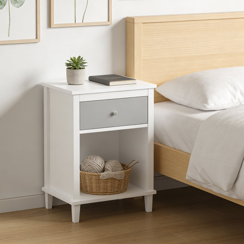 Wood Nightstand Bed Side Table Small Night Stand with a Drawer and a Bottom Shelf, White/Gray