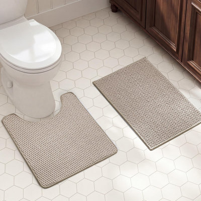 Bath Mat Set 2 Piece,Non Slip Quick Dry Soft Absorbent Thin Low Pile Bathroom Mats, Washable Bath Rugs 2 Pcs 16x24 Mat & Toilet Mat 20x24 in. Beige