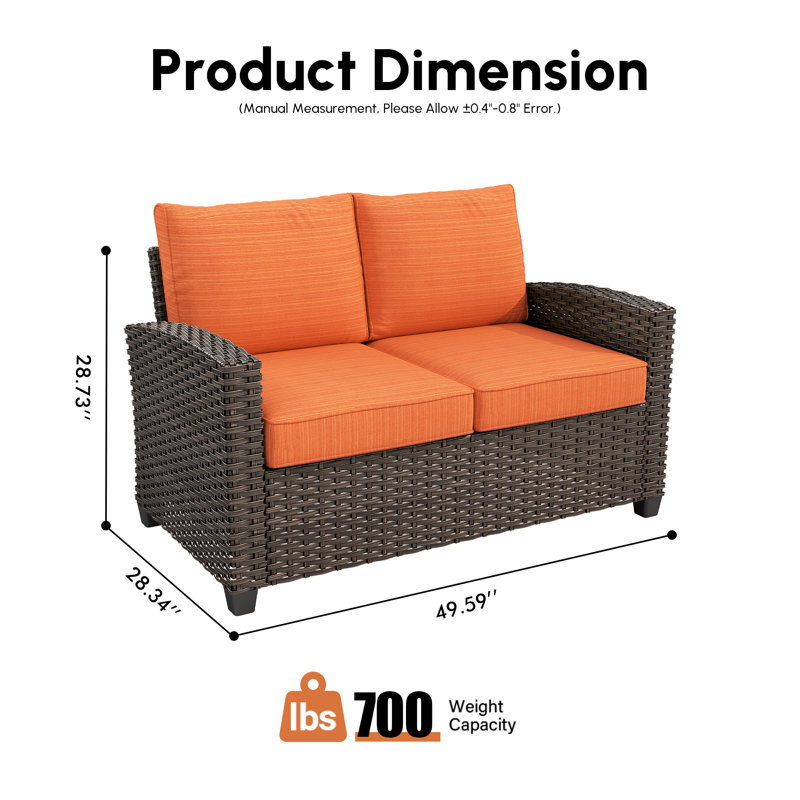 Eaker Wicker Outdoor Patio Sofa With Cushions, Orange Red
