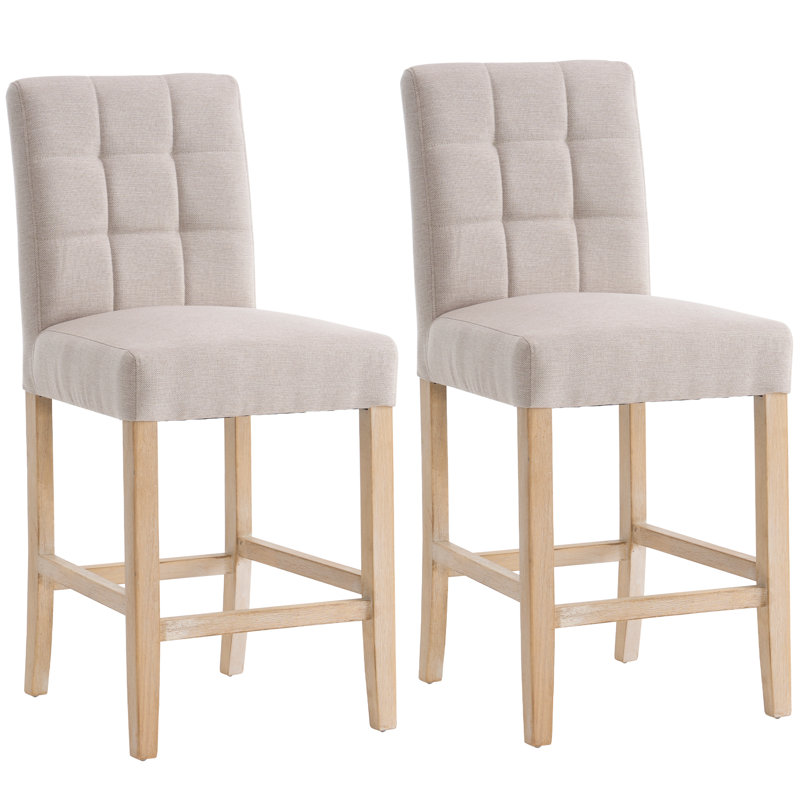 Tabouret de bar moderne à hauteur de comptoir avec dossier, tabouret de bar en bois massif recouvert de lin beige de 25,2 po de hauteur pour îlot de cuisine