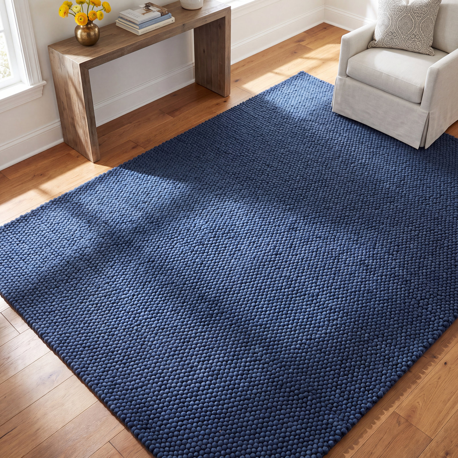 Elle Navy Blue Hand-Woven Wool Rug, Rectangle 6' x 9'