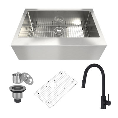 Évier de cuisine de ferme en acier inoxydable à simple cuve avec robinet de cuisine L 33 po x l 22 po