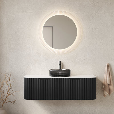 Meuble-lavabo 48 po avec lavabo en verre noir transparent, armoire flottante murale à 2 tiroirs à fermeture en douceur, armoire en contreplaqué à rayures 3D, lavabo facile à entretenir et pré-assemblé, tiroir à la française