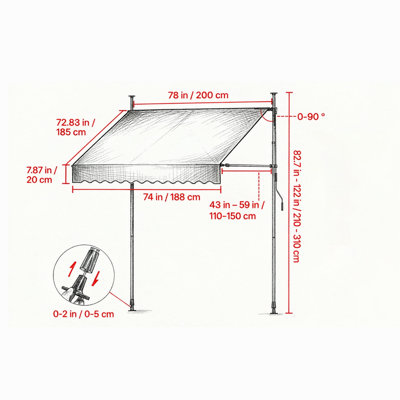 Auvent de patio escamotable manuel de 78 pouces, auvent réglable en hauteur sans poignée avec manivelle, abri pare-soleil extérieur pour balcon, cour et fenêtre
