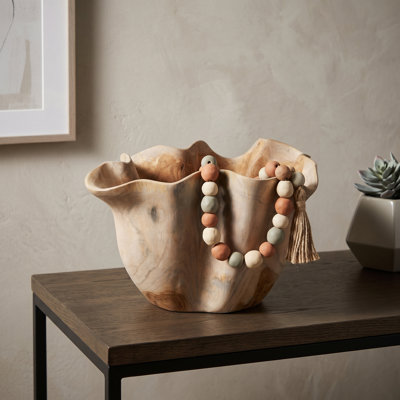 Modern Irregular Shaped Teak Wood Bowl for Home Tabletop Decor - Decorative Accent Bowl for Living Room and Kitchen Use - 16", Brown & Tan