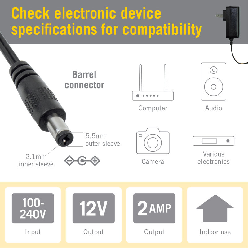 Black 24W Wall Mount Power Supply Adapter with Barrel Connector