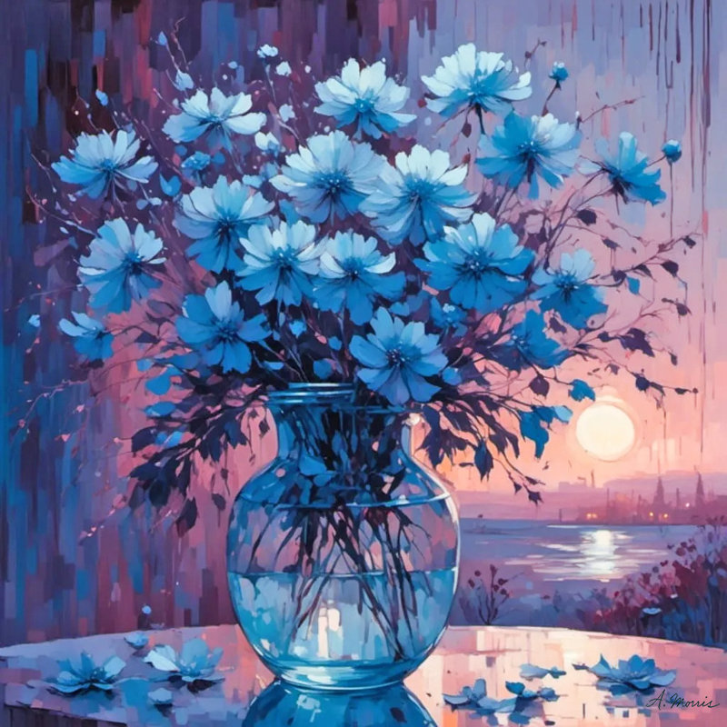 «Twilight Blues Floral» dans un vase en verre - Art mural sur toile tendue