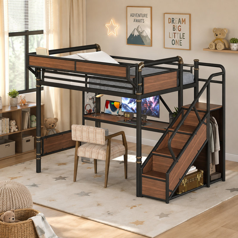 Lit mezzanine industriel avec bureau Higgins, Full, Noir