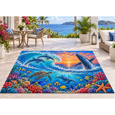 Tapis d'extérieur de 5 pi x 7 pi Tortue de mer mignonne, tortue de mer, tapis de boucle solide et imperméable, tapis de patio robuste, tapis d'extérieur à séchage rapide pour le porche, le balcon, l'entrée, le camping
