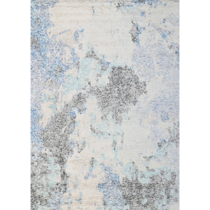 Tapis ivoire / bleu noué à la main de haute qualité, Rectangle 8 pi x 10 pi