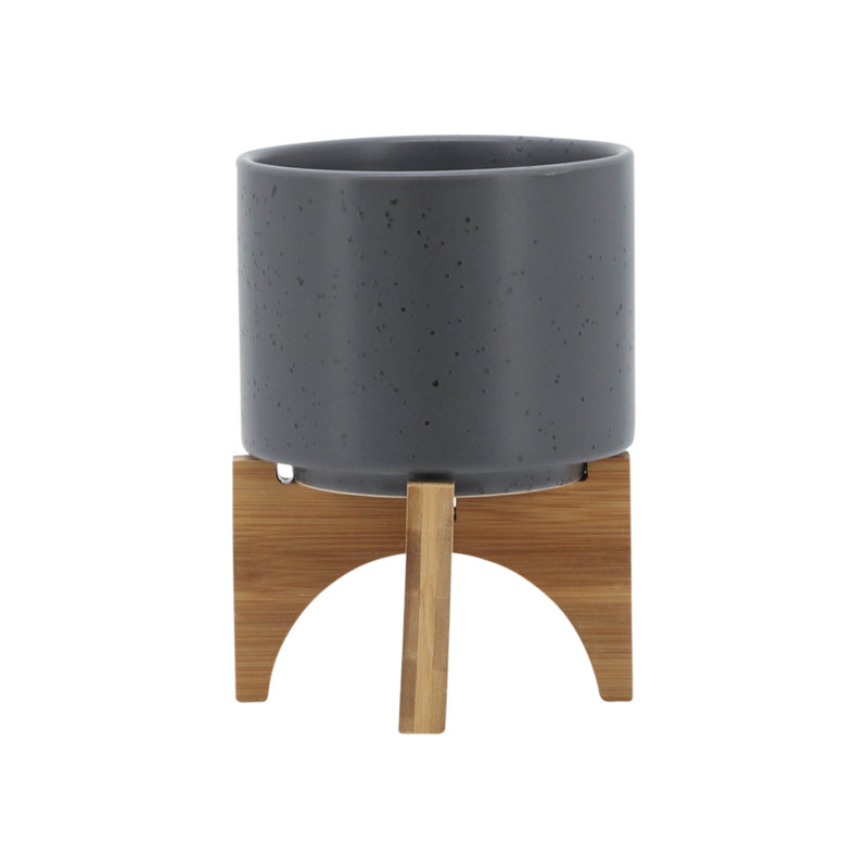 5" Planter W/ Wood Stand, Matte Gray, 7.04" H x 5.04" W x 5.04" D