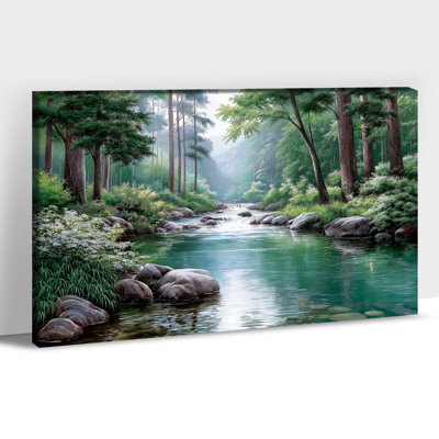 Large Canvas Wall Art Spring Landscape River Painting Forest Scenery Picture Print – Gallery Wrapped Farmhouse Wall Art Poster for Bedroom Living Room Office Home Decor, 24×48 Inches