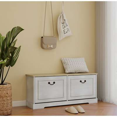 Shoe Storage Bench with 2 Flip Drawers and Adjustable Shelf for Entryway, Hallway, Bedroom-Antique White