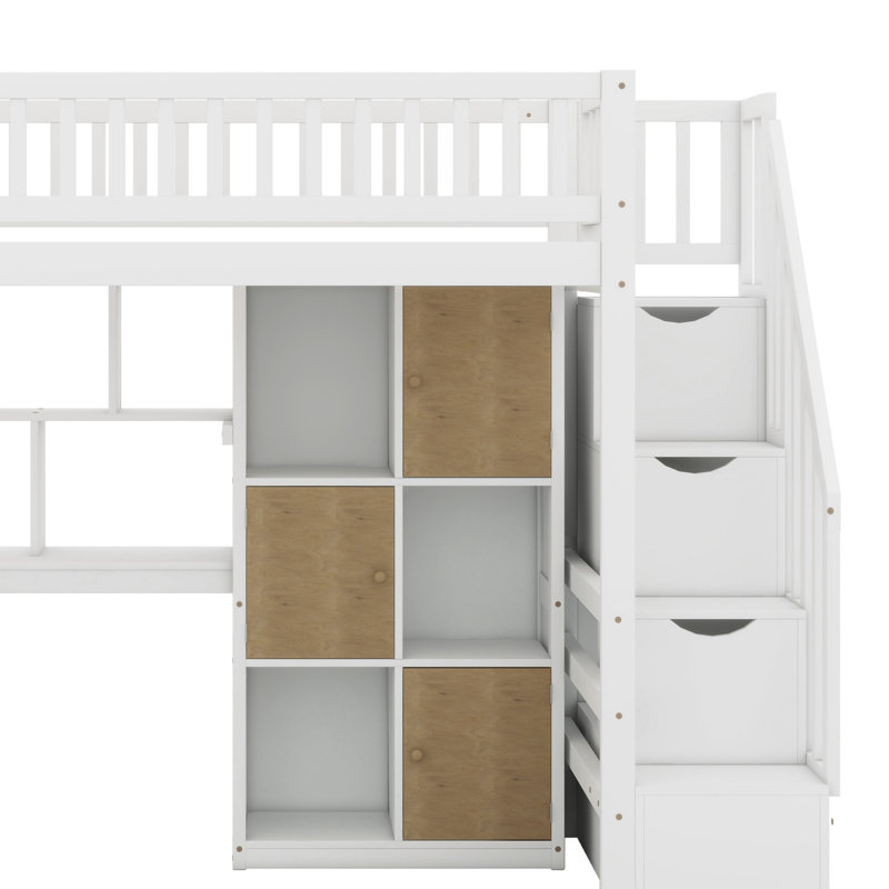 Lit mezzanine en bois avec bureau intégré, DEL, tablettes de rangement, armoires et escalier, blanc