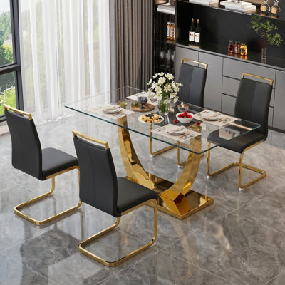 5-Piece Modern Rectangular Glass Top Dining Set with Pedestal Base and Faux Leather Cantilever Chairs