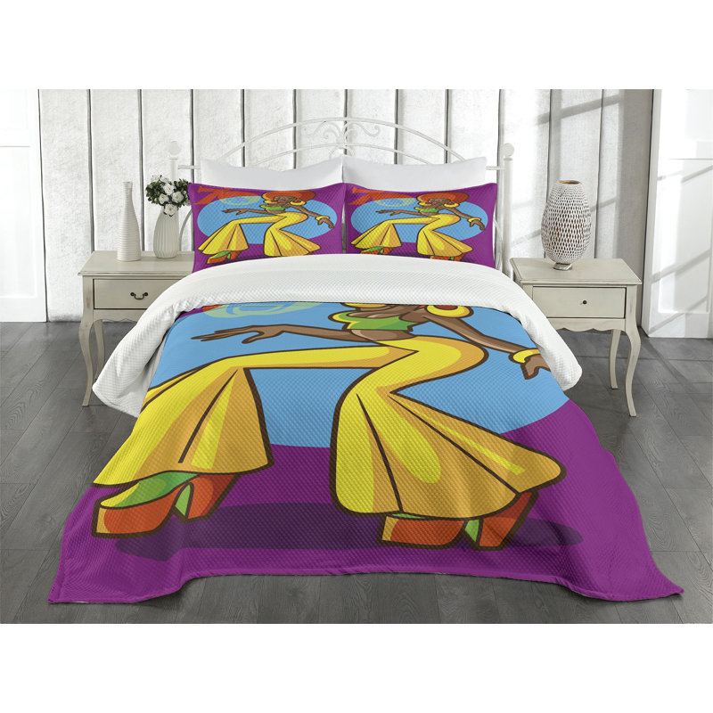 Ambesonne Party Bedspread Set 3 Pcs Afro Disco Lady Queen Multicolor