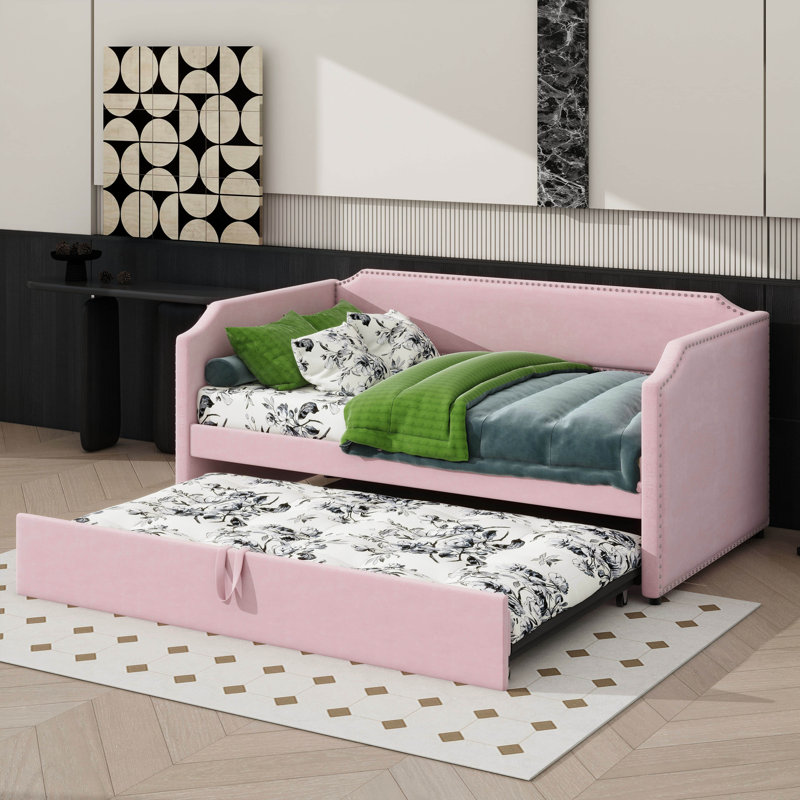 Daybed With Pop Up Trundle, Twin Size Upholstered In Velvet, Pink