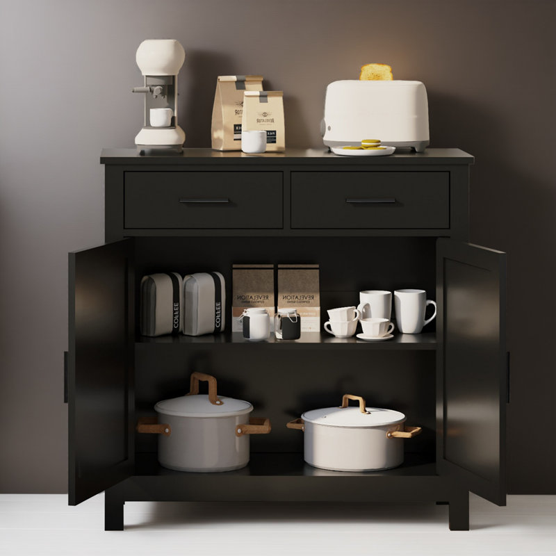 32" Wood Sideboard Console Table with Drawers and Cabinets, Black