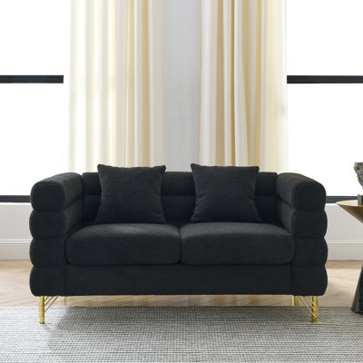 Canapé modulaire de salon noir à 2 places, surdimensionné de 60 pouces avec sièges profonds, coussins lombaires de style moderne et épuré, pieds modulaires dorés
