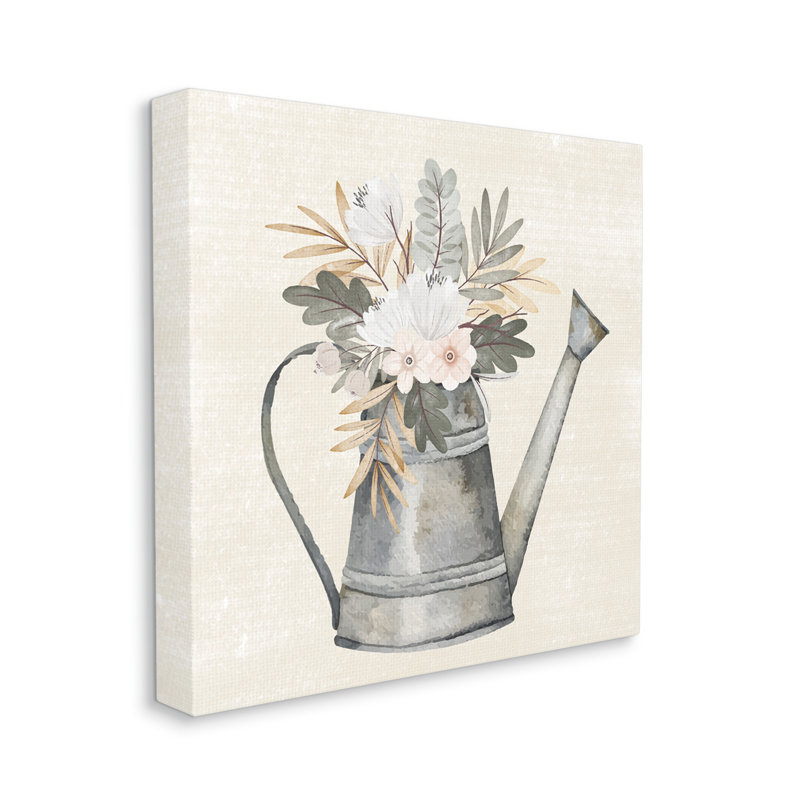 «Country Botanical Watering Can Bouquet» par ND Art - impression, H 17 po x l 17 po x P 1,5 po, Toile tendue