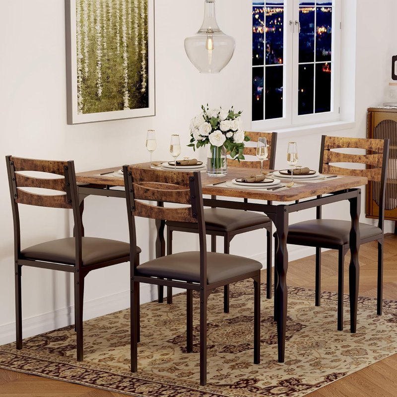 5-Piece Dining Table Set with 4 Chairs, Rectangular Space-Saving Kitchen Set with Cushions, Brown, Black