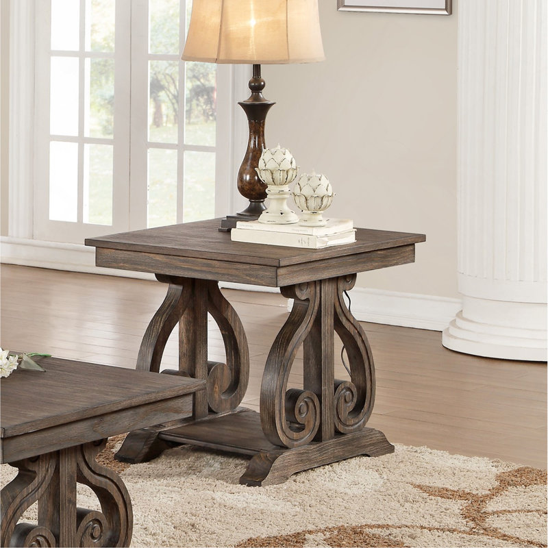 Table de bout en placage traditionnel avec couleur chêne foncé et tablette décorative