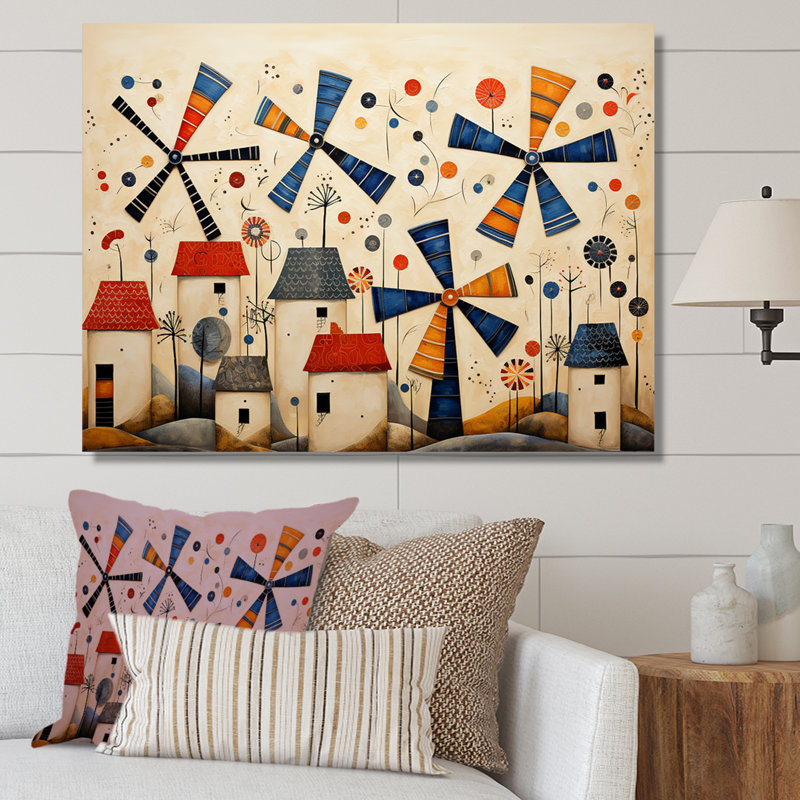 Folk Art Wind Turbines Village IV - Wind Turbines Wall Art, Toile tendue, H 16 po x l 32 po x P 1 po