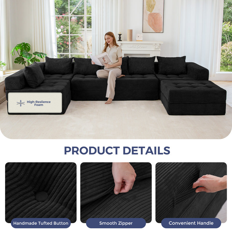 Boneless U Shaped Modular Sectional Sofa Couch, 15" H x 125" W x 63" D, Black Corduroy